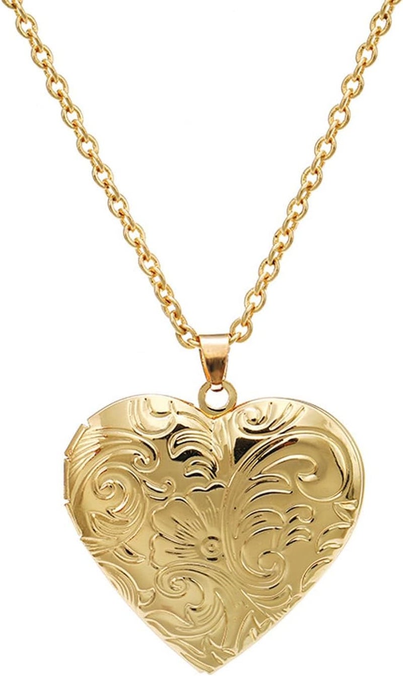 SCRDPRAD Vintage Engraved Flower Empaistic Photo Locket Hold Picture Oval Round Pendant Necklace Antique Carved Pattern Souvenir Memorial Clavicle Sweet Jewelry for Women - Image 1